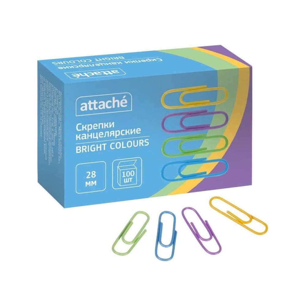 Скрепки Attache bright colours с полимерным покрытием, 28 мм, разноцветные, 100 штук в упаковке 1384140