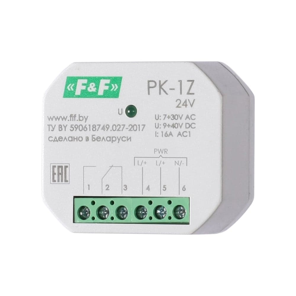 Реле промежуточное Евроавтоматика F&F PK-1Z/24 7-30 АС, 9-40 DC, 16 А, 1 переключающий, для установки в монтажную коробку O 60мм EA06.001.046
