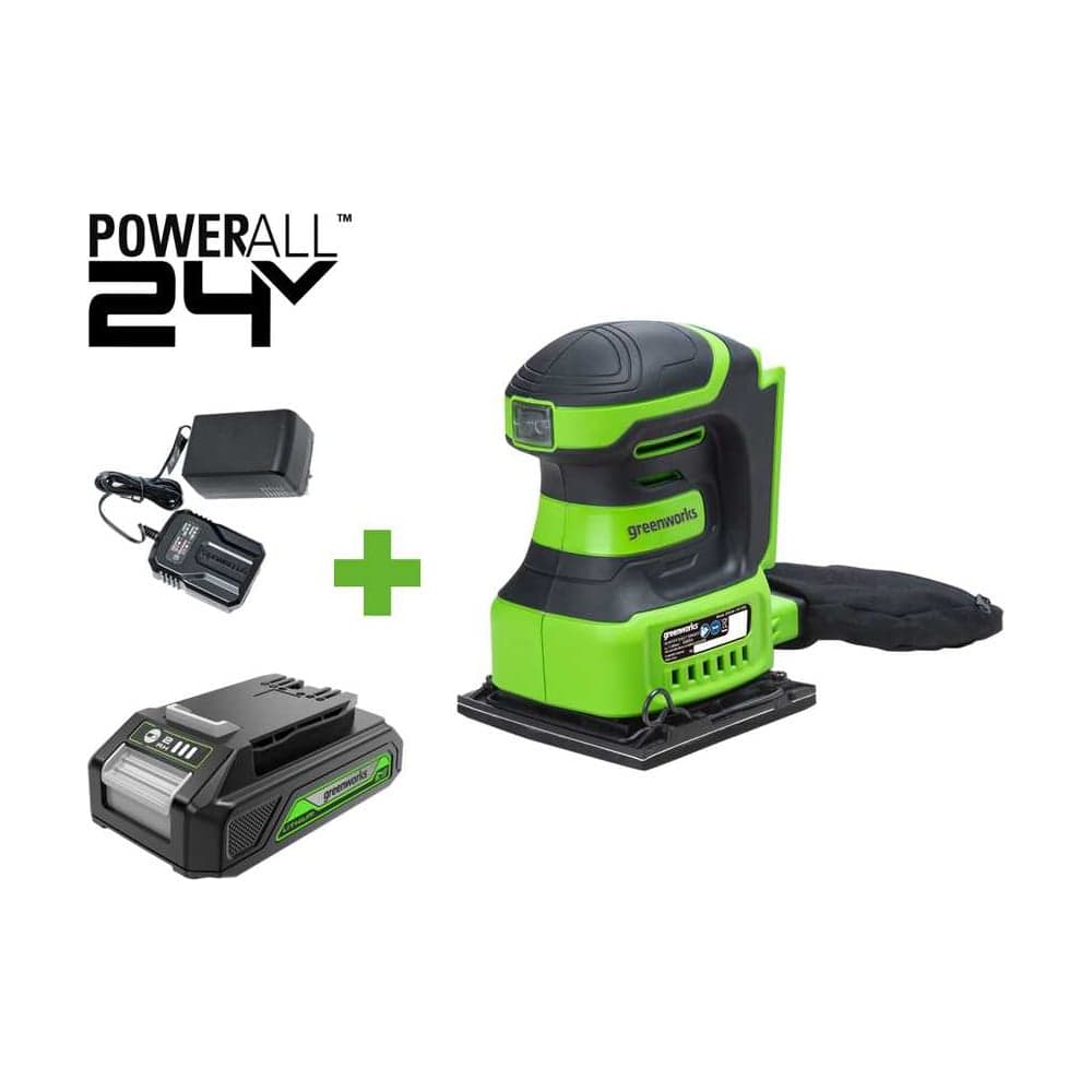 Плоская шлифовальная машина GreenWorks G24SS14, 24V, 115x140мм, 5500 об/мин, ампл. 1,6 мм, 1x2Ач,ЗУ, коробка 3100507VUA