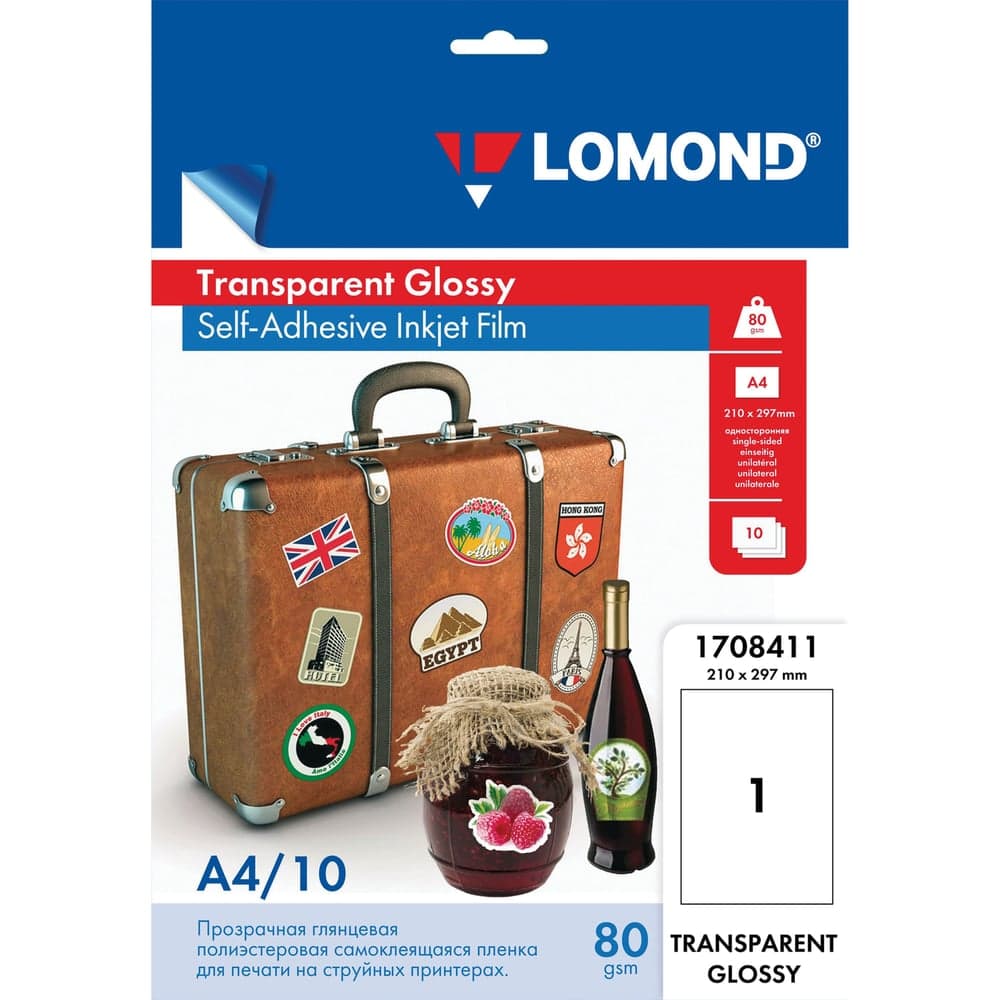 Пленка для струйных принтеров ОФИСМАГ LOMOND самоклеящаяся, прозрачная, 100 мкм, А4, 10 шт., 1708411 531094