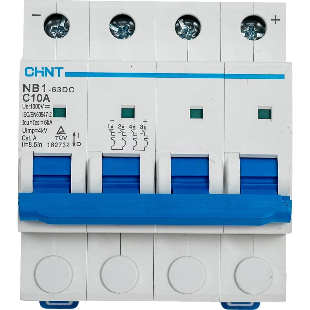 Автоматический выключатель CHINT NB1-63DC 4P 10А 6кА х-ка C 1000В DC (R) 182732