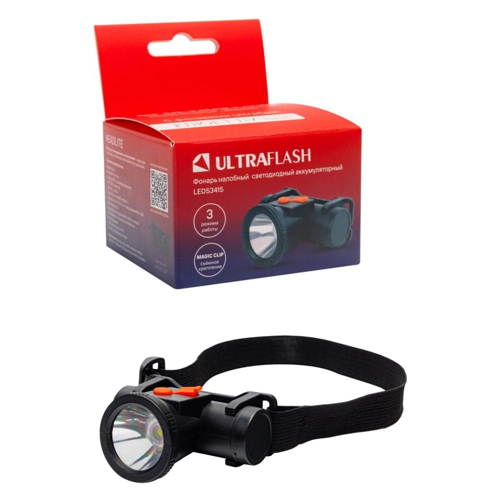 LED53415 (фонарь налоб.аккум 3,7В,,черный, LED XPE, 1 Ватт, 3 реж., Micro-USB, бокс) Ultraflash 15768