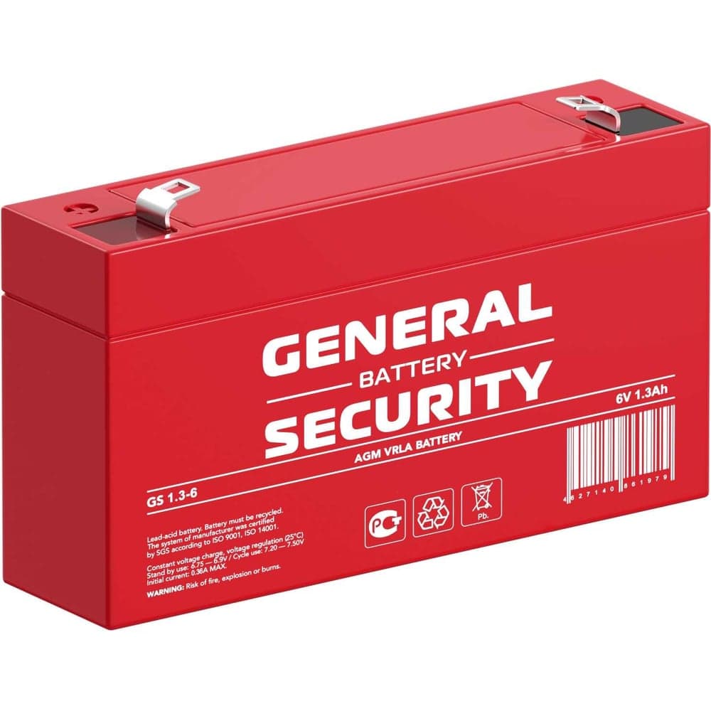 Аккумуляторная батарея General Security GS1.3-6 6В, 1.3 Ач УТ-00001372
