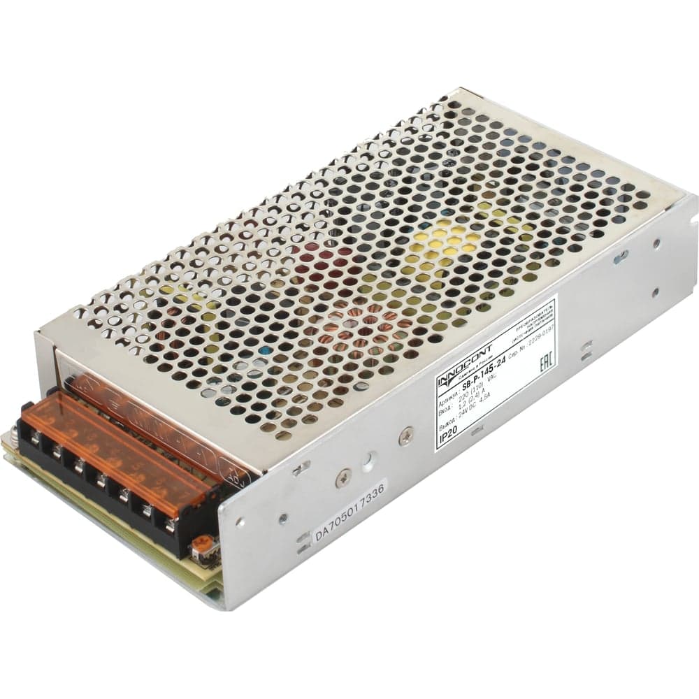 Блок питания INNOCONT -10 +50С, IP20, вход: 220VAC, 1.3А, выход: 145W, 24VDC, 6A, типы защиты: КЗ, перегрузка, перенапряжение SB-P-145-24