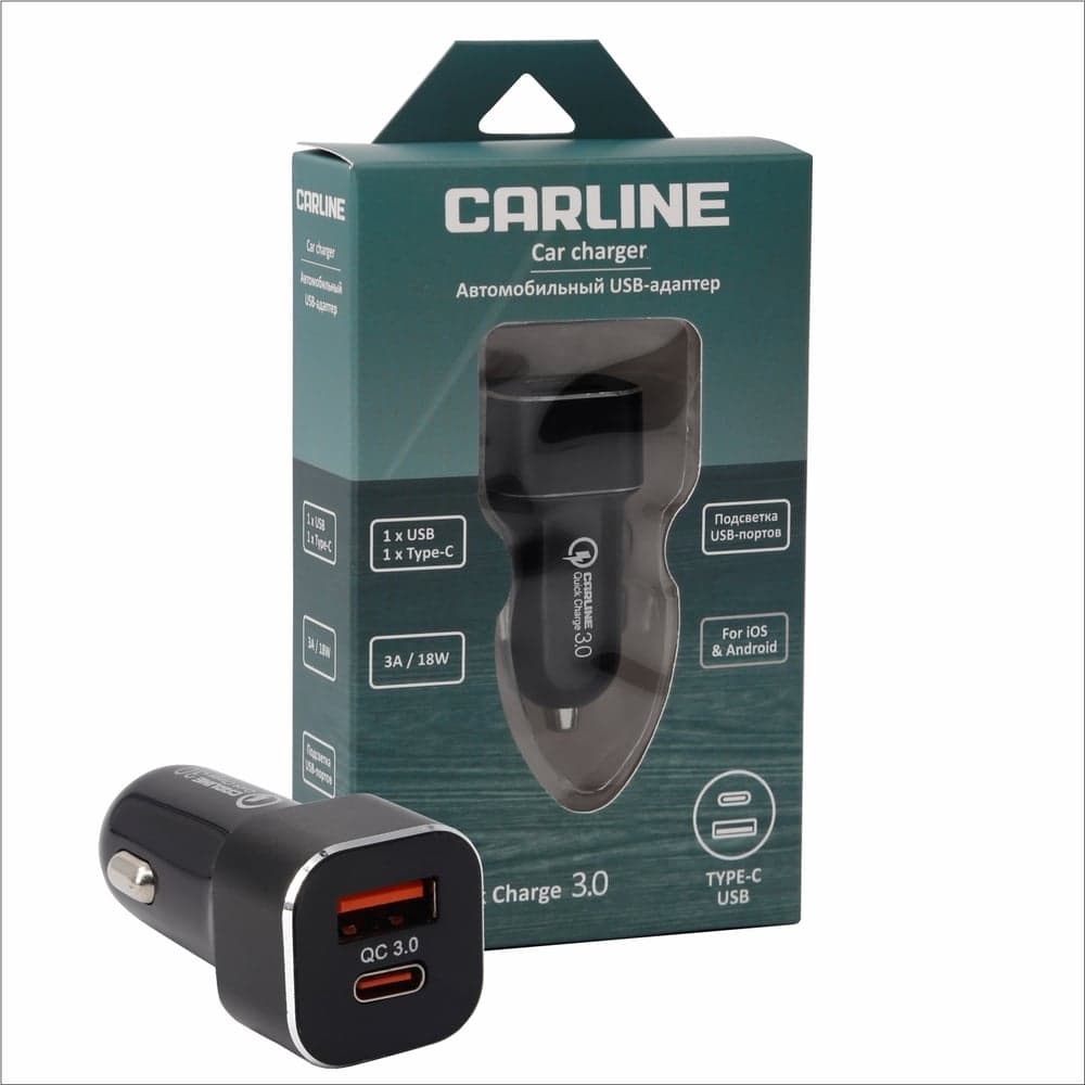 Автомобильный адаптер CARLINE 2хUSB (USB QC 3.0 + PD Type C), в прикуриватель 12/24 В, цвет черный, упаковка коробка CH-2U-TC